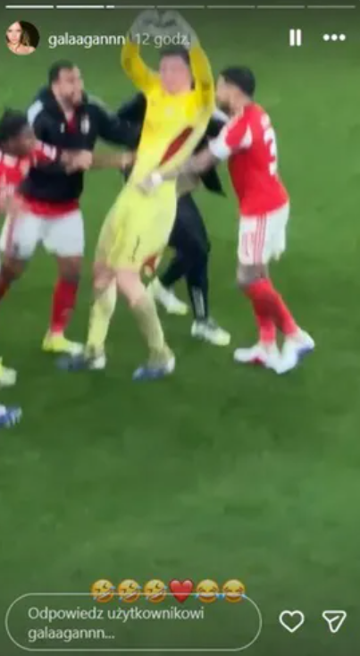 Po golu Trubina kibice szukają jego żony. Marina Trubina na trybunach podczas Benfica–Real