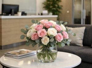 Elegancki bukiet róż w sekretariacie dyrektora – profesjonalna oprawa florystyczna biura.