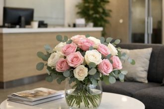 Elegancki bukiet róż w sekretariacie dyrektora – profesjonalna oprawa florystyczna biura.