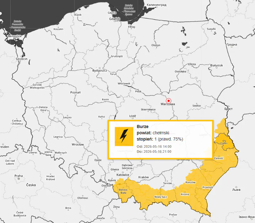 Burze w Polsce 16 maja. Gdzie obowiązują ostrzeżenia IMGW i alert RCB?