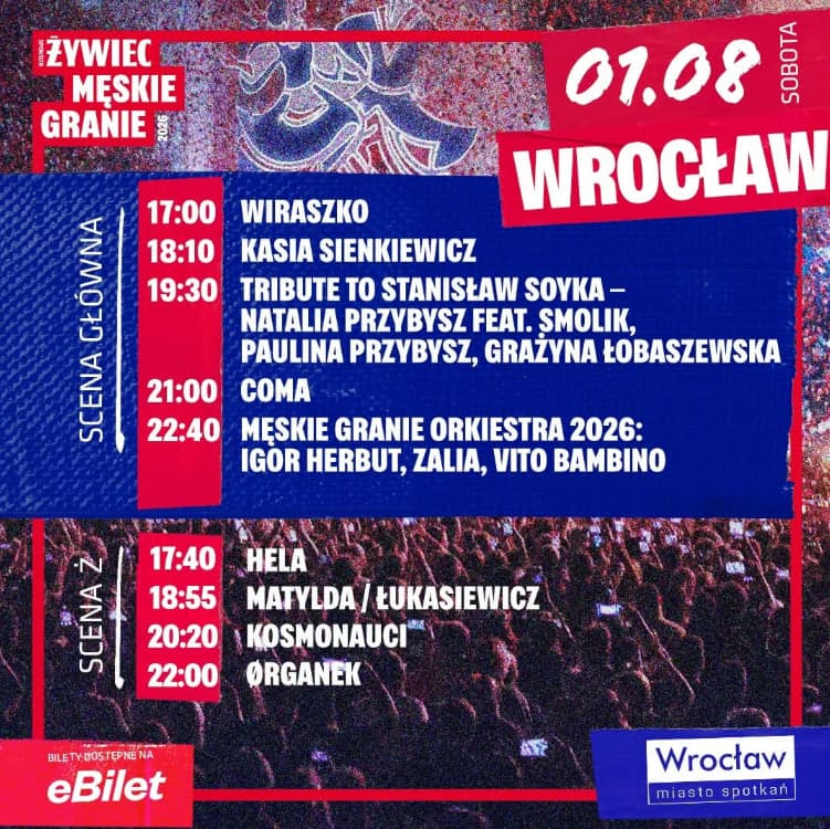 Męskie Granie Wrocław 1 sierpnia 2026. Program, godziny i dojazd